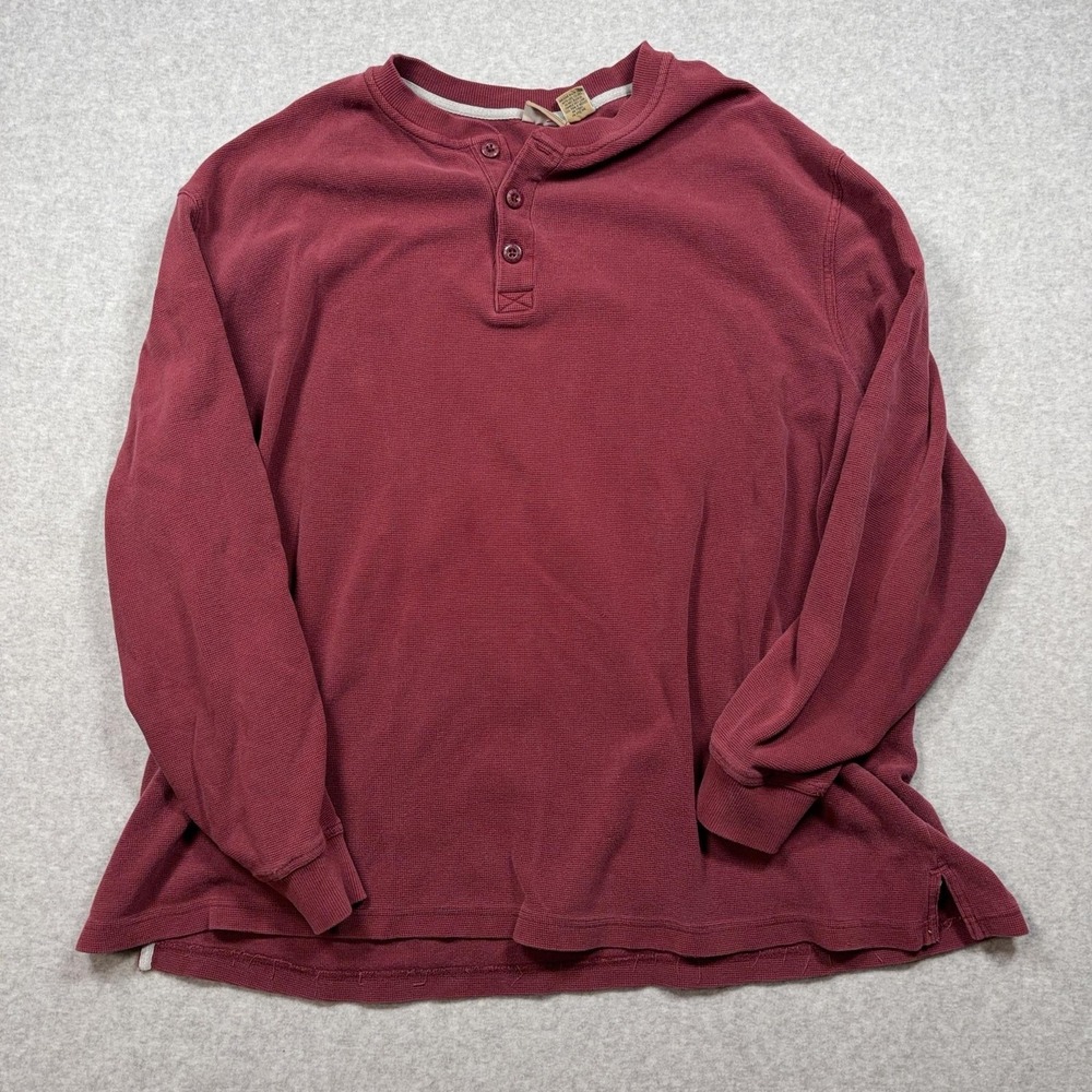 L.L.Bean Shirt Mens 2XL Red Henley Long‎ Sleeve Thermal Waffle Knit Cotton